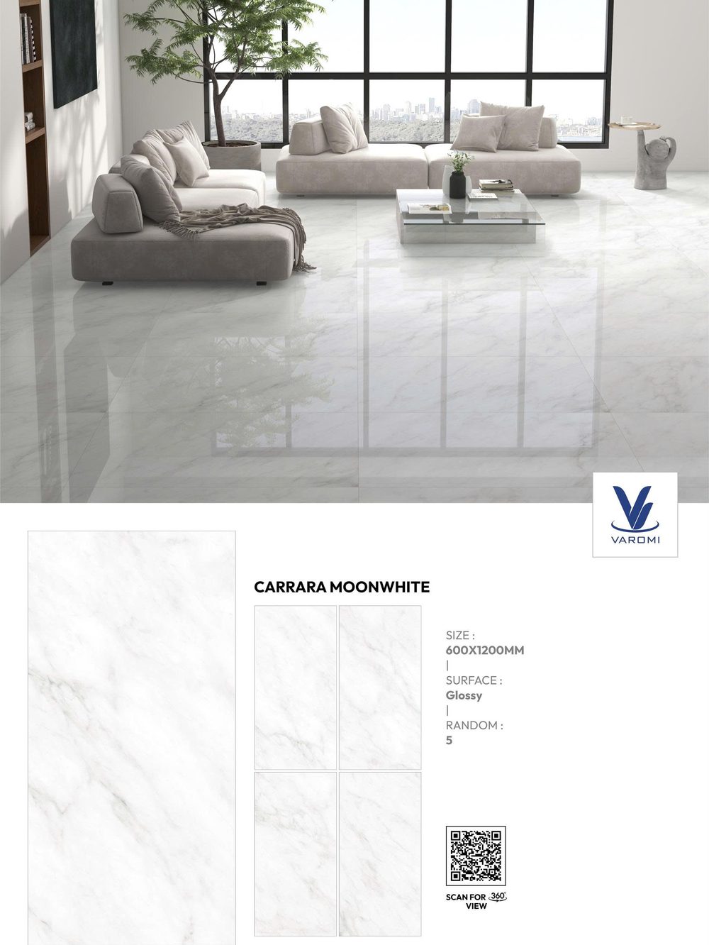 Gạch Varomi Carrara Moonwhite 600x1200 glossy