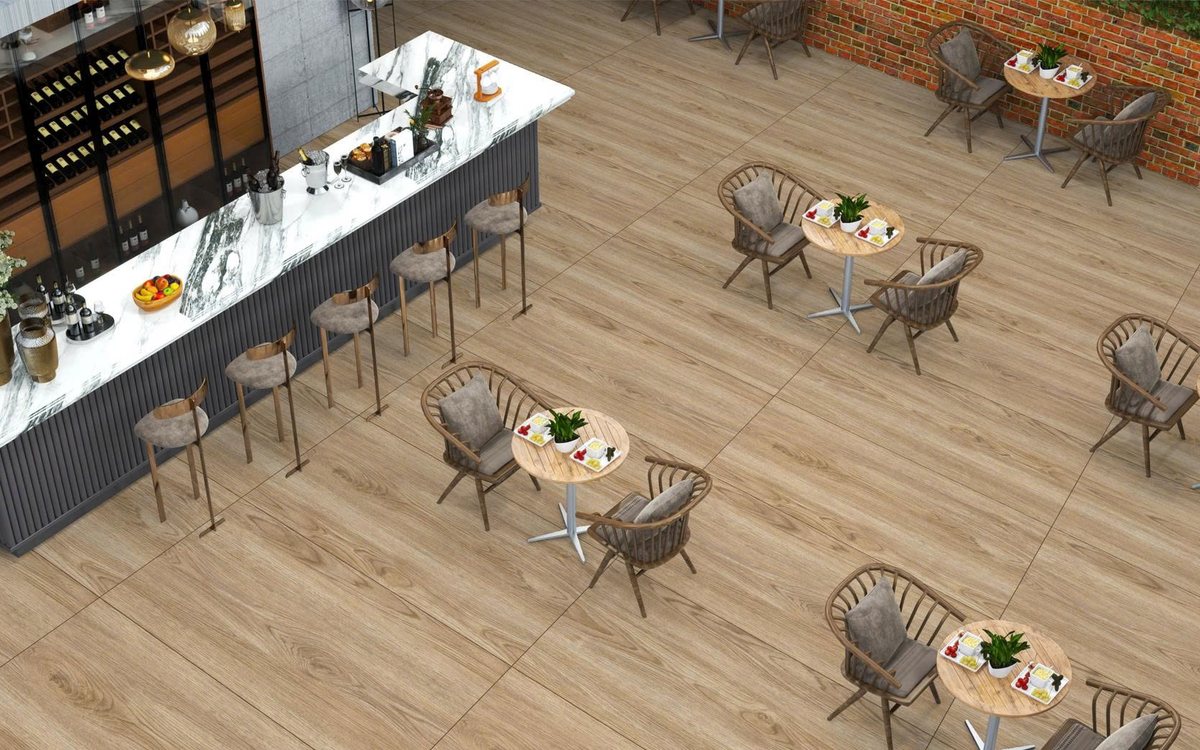 Không gian cafe sử dụng gạch giả gỗ